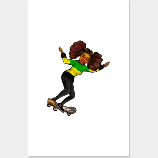 Jamaica jumper skateboarding girl- manga anime Jamaican girl on a skateboard wearing jumper with the  colours of Jamaican flag in black green and yellow Wall Art by Artonmytee